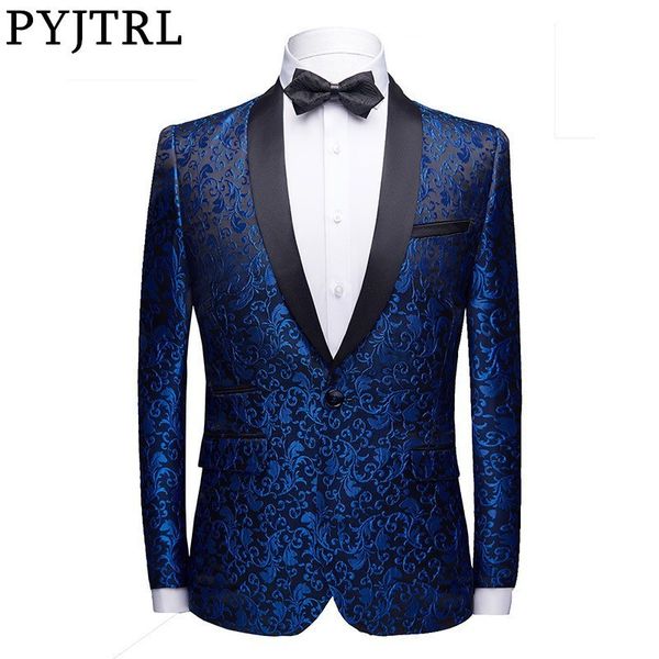 

pyjtrl men fashion floral jacquard dress blazer gentleman shwal lapel slim fit party wedding prom suit jacket male costume homme, White;black
