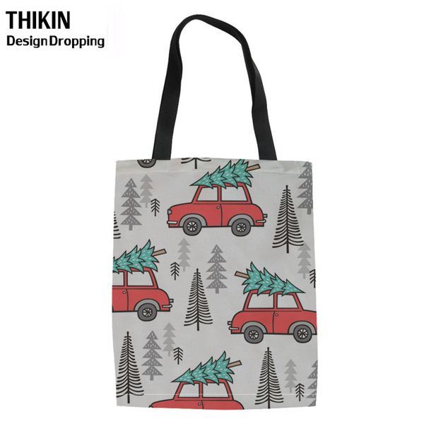 

thikin christmas car printing canvas tote bags women fashion reusable shopping bags ladies foldable shopper bag shoulder handbag