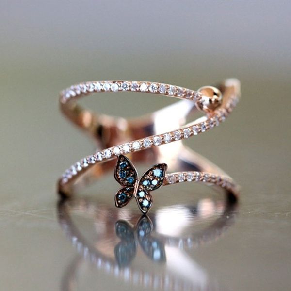 

cute female small butterfly aniaml ring 18kt rose gold engagement ring vintage wedding band rings for women, Slivery;golden