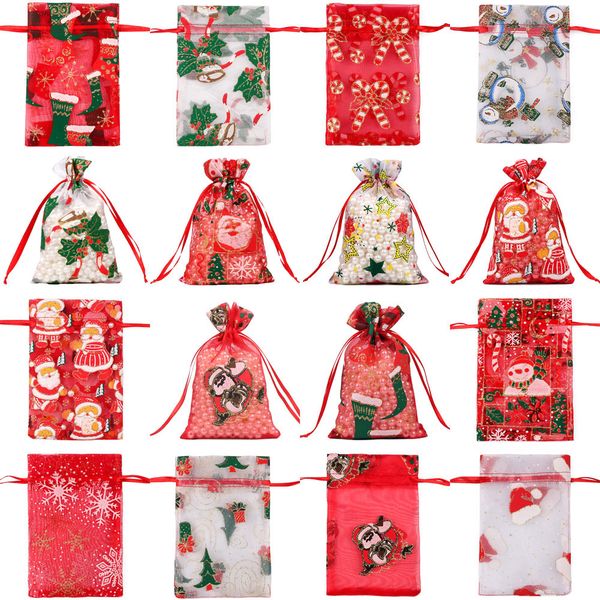 

new 2020 christmas gift bags printed mesh drawstring bag christmas candy storage bag with reindeers santa claus sack bags for kids