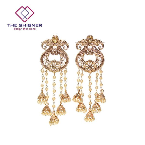 

the shigner indian ethnic jewelry gold tone pearl crystal stone earrings kundan bahubali jhumka jhumki earring dangle earring, Silver