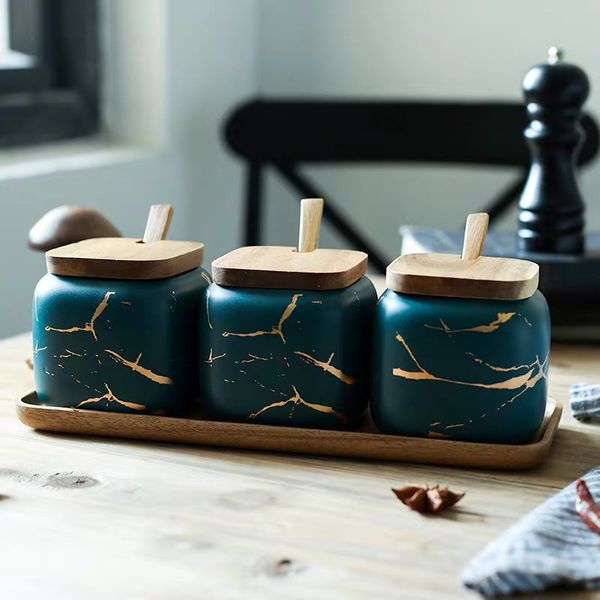 

nordic matte marbled ceramic seasoning jar salt can oil bottle salt pepper bottle bamboo tray kitchen seasoning tool storage tan