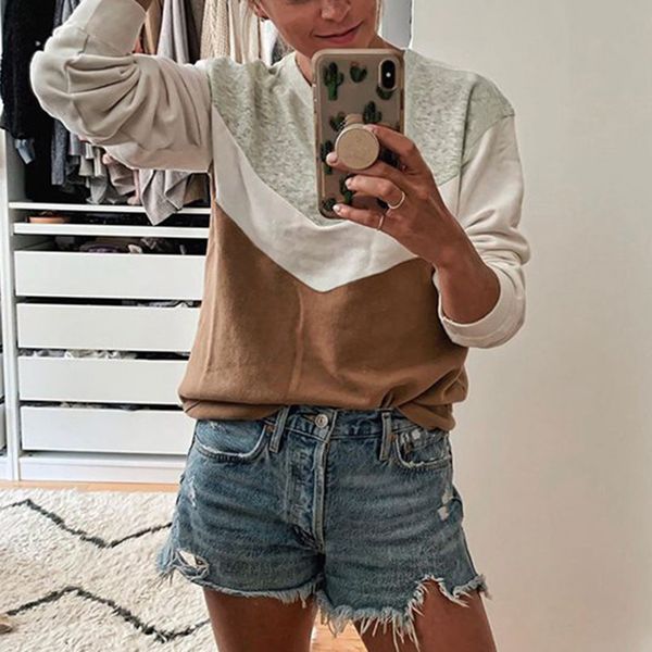 

толстовка строчка геометрический узор женская толстовка o шеи hoodie с длинным рукавом одежда casual горячая продажа мода 2019 новый о8, Black