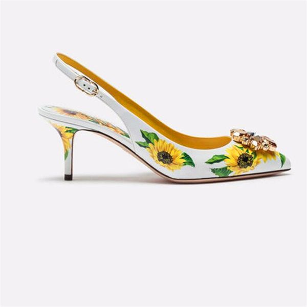 

yellow sunflower printing leather pumps formal ladies kitten heel dress shoes pointed toe crystal embellished slingbacks, Black