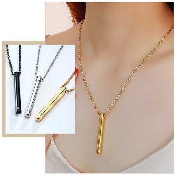 

trendy vertical cylinder bar cremation urn necklaces for women stainless steel memorial keepsake gifts for her jewelry, Silver