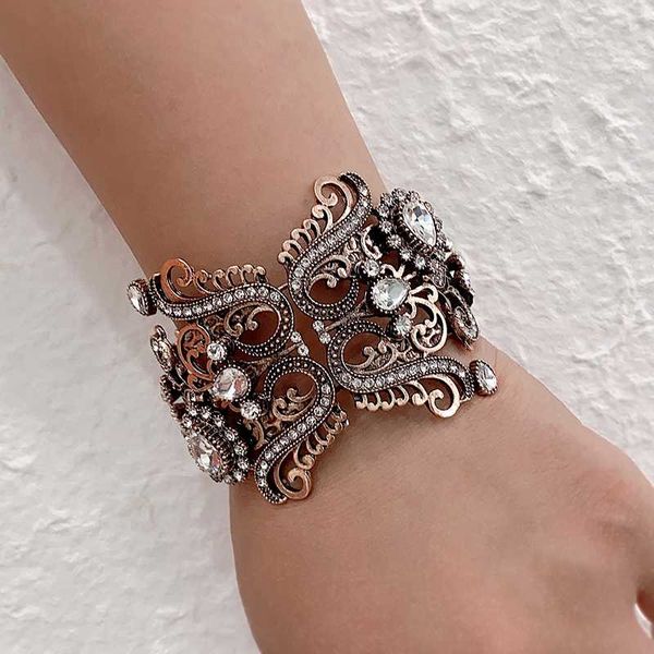 

kinel vintage wide white crystal flower for women antique gold spring bracelet turkish wedding jewelry, Black