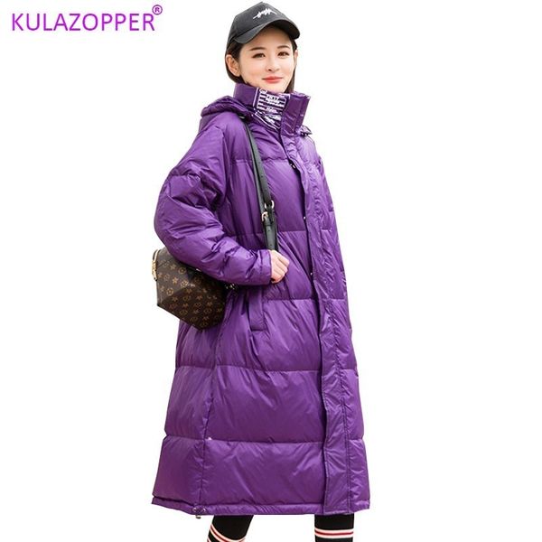 

kulazopper women white duck down jackets winter long loose jacket light female down outwear hooded coats lz022, Black