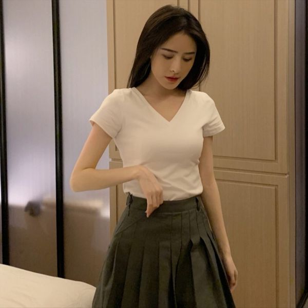 

good quality temperament female 2020 simple big t-shirt v-neck slim solid color t-shirt top, White