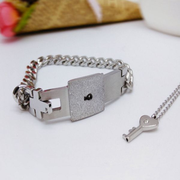 

couple titanium steel lock bangle bracelet & key pendant necklace love sets gift f3md, Silver