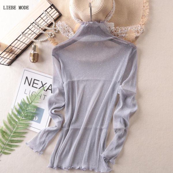 

ladies turtle neck see through clothes black gray pink red lace mesh transparent t shirt long sleeve sheer tshirt femme, White