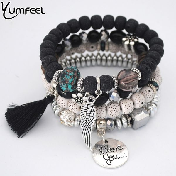

yumfeel vintage resin crystal beads tassel bracelet set bohemian charm bracelets handmade jewelry women gifts 4pcs/set, Black