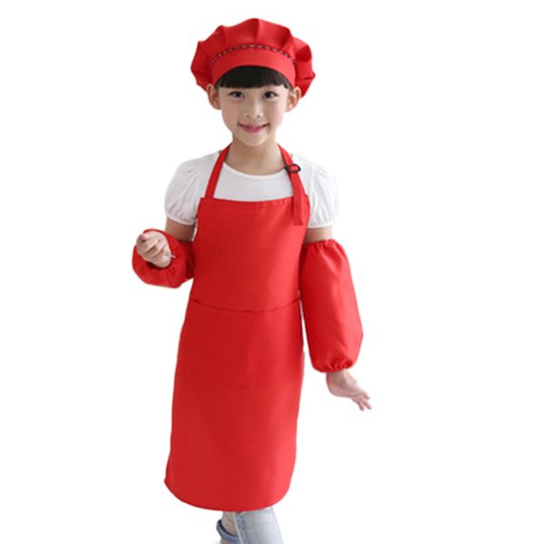 

kids full apron bib set with pocket and hat sleeves craft kitchen chef cooking art children diy apparel red