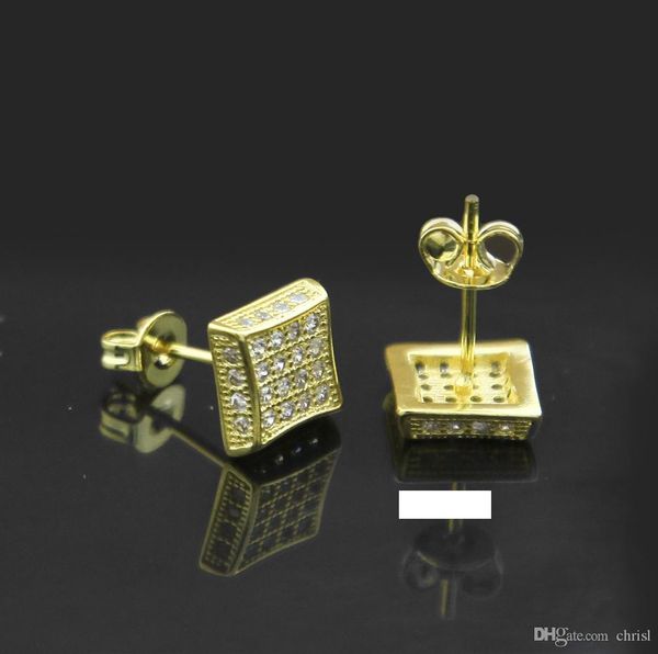 

2017 fashion mens women hip hop square stud earrings gold filled cubic zircon cz earrings wedding party jewelry quality, Golden;silver