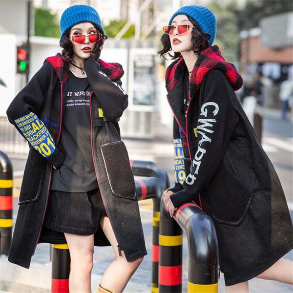 

2020 autumn winter plush denim trench coat women's casual hoodie oversize letter print outwear long loose casacos, Tan;black