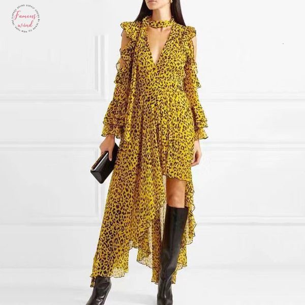 

leopard female dresses for women off shoulder flare sleeve asymmetric hem backless ruffles dress vintage clothes, Black;gray