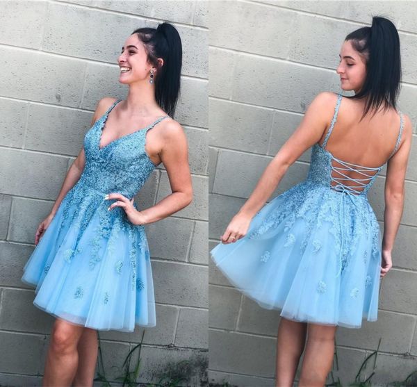 

2020 new short blue a line cocktail dresses spaghetti straps lace appliques sleeveless backless with corset prom party homecoming gowns, Black