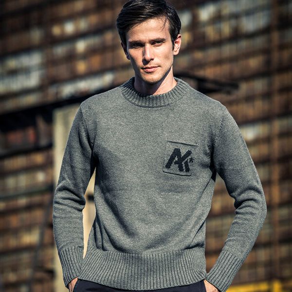 

ak club brand wool sweater for men casual crew neck patch pocket jacquard knitted sweater cotton wool blended rib bottom 1503027, White;black