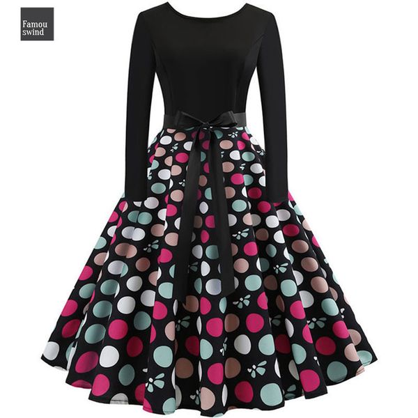 

midi с длинным рукавом платья женщин вскользь тонкий плюс размер цветочные печати осенние платья dot vintage rockabilly pin up vestidos, Black;gray