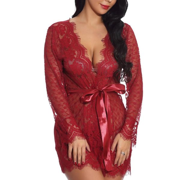 

lace nightgown fashion nightgown sleepwear women lace lingerie striped robe with belt sleepwear, Black;red