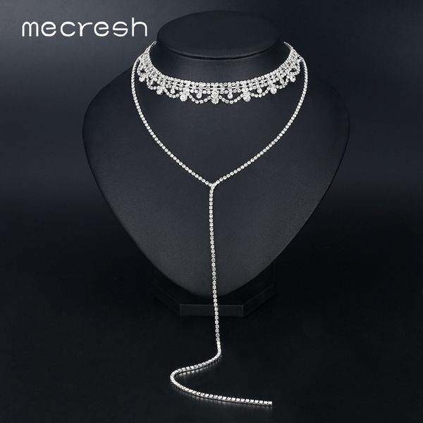 

mecresh double layers rhinestone women necklace choker silver color long chain necklace collar wedding engagement jewelry mtl592, Golden;silver