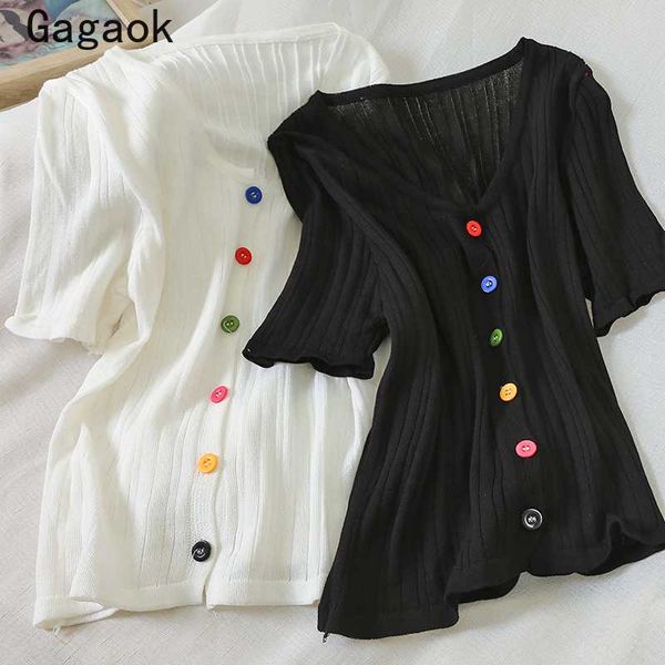 

gagaok women preppy style knit t-shirt 2020 summer new outfits solid v-neck rainbow button chic wild tee fashion t-shirts, White