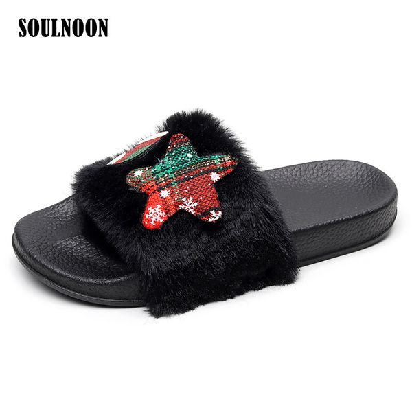 

new christmas pattern fur slippers women lovely fluffy slides black pink furry indoor slippers ladies flats non-slip flip flops