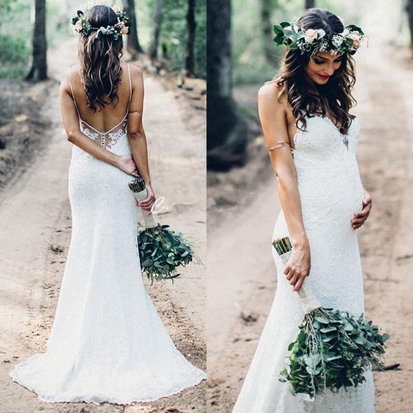

Charming Full Lace Pregnant Wedding Dresses 2019 Spaghetti Backless Mermaid Sweep Train Garden Country Bridal Gowns Plus Size Customized