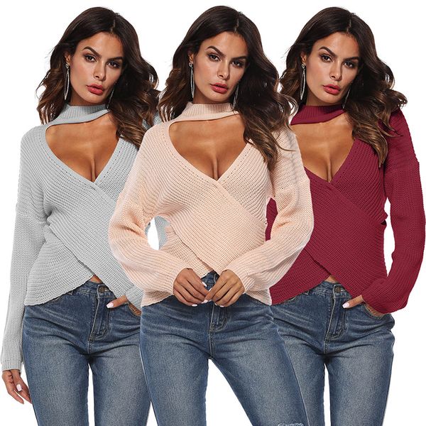 

women irregular deep v neck fashion simple knitted long sleeve cross pullover clothes solid color soft y, White;black