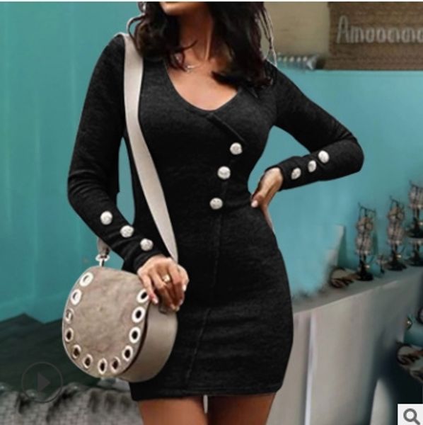 

новые популярные европейские и американские женщины тонкой кнопка с длинным рукавом платье, Black;gray