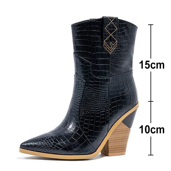 

western autumn cowboy boots women boots female winter women pointed toe mid-calf high heels plus size 43 botas mujer, Black