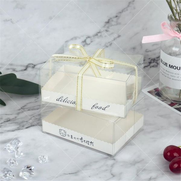 

11x8x5cm pvc transparent cake box pudding jelly packaging box ice cream mousse cake with ribbon clear rectangle 50pcs/lot