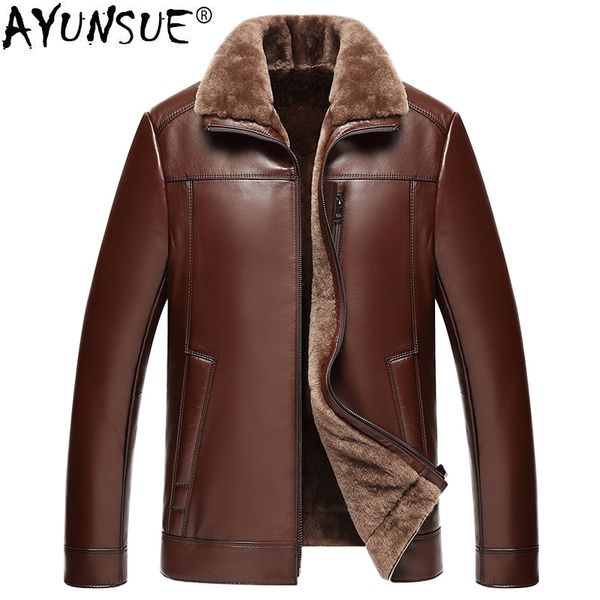 

ayunsue genuine sheepskin leather jacket men 100% real wool liner short men's fur coat warm jackets 2019 veste cuir homme kj1562, Black