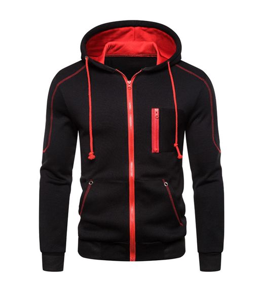 

mens designer solid hoodies zipper fly homme hoodies with panelled sleeve and pockets decoration fashion male slim, Black