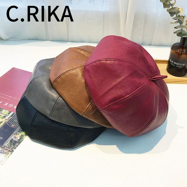 

2019 fashion women winter pu leather octagonal caps newsboy cap vintage bonnet beret hat england leather painter hat women, Blue;gray