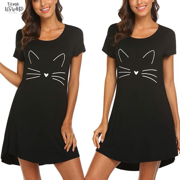

ladies casual summer short sleeved cartoon cat print comfortable straight dress summer number is cotton round neck home dresses bl2, Black;gray