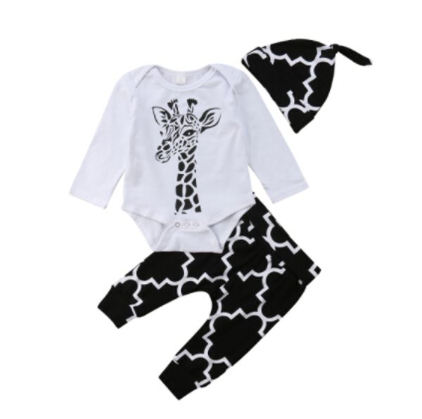 

3pcs newborn baby boy 2018 little man long sleeves giraffe romper +long pants hat outfits set autumn clothes, White