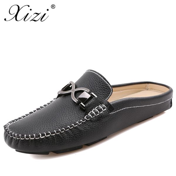 

xizi new summer men's casual shoes male baotou lazy british cowhide flats sandals peas half drag men's leather breathable shoes, Black