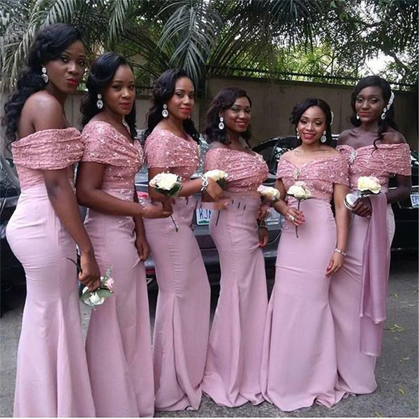 

african mermaid pink lace bridesmaid dresses long 2020 off the shoulder appliques satin prom dress wedding party gown, White;pink