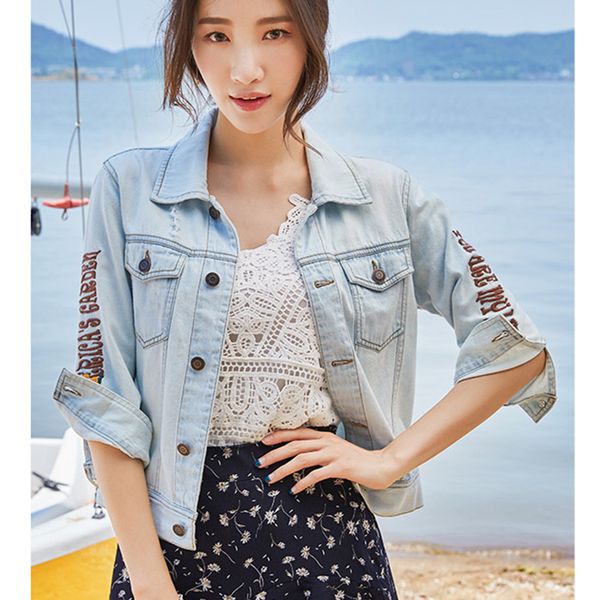 

2019 summer motorcycle wash short jeans denim jacket woman basic outerwear coat base trench female denims wholesale mp260, Black;brown