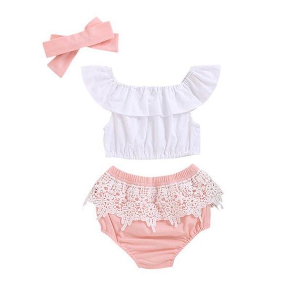 

summer baby girls short sleeve solid color +lace pp shorts+headband suits casua costume set 2020 new, White