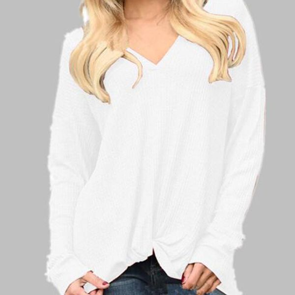 

women autumn and winter long sleeve loose v-neck pure color t-shirt, White