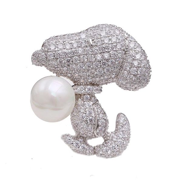 

red trees brand fashion cute animal dog brooch for man and women with cubic zirconia and shell pearl new year gift in box, Slivery;golden