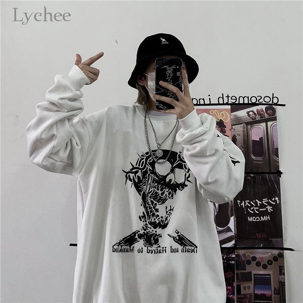 

lychee harajuku thorns skull print women sweatshirt spring autumn lady sweatshirts casual loose crew neck female pullovers, Black