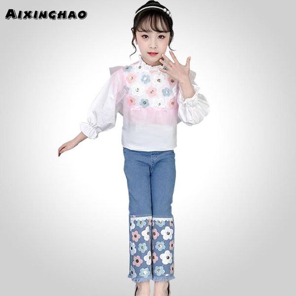 

kids clothes girls tshirt + jeans 2pc teenage girls clothing floral pattern children clothes girl patchwork children, White