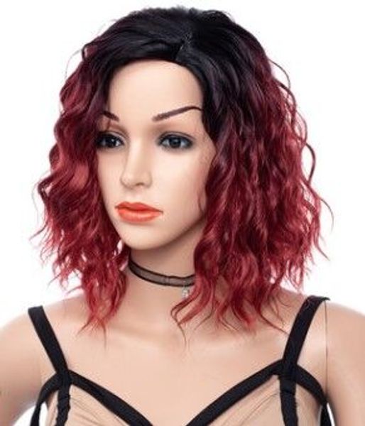 Black Winer Red Ombre Short Wavy Hair Wig With Middle Parted Heat