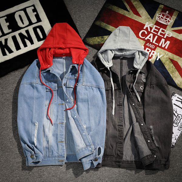 

2019 new hooded denim jacket men's hip hop hole men's retro denim jacket street casual bomber harajuku fashion coat, Black;brown