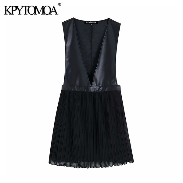 

vintage stylish faux leather chiffon patchwork mini dress women 2019 fashion v neck sleeveless female pu dresses vestidos, Black;gray
