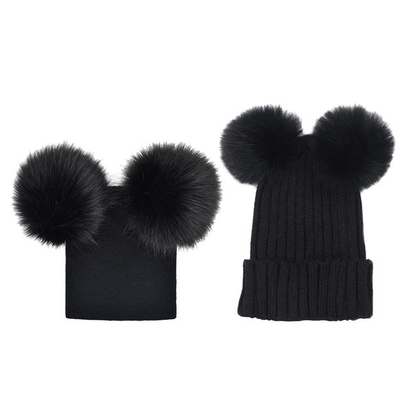 

2pcs mom baby beanie hat cap winter warm double pom bobble knit ski black, Yellow
