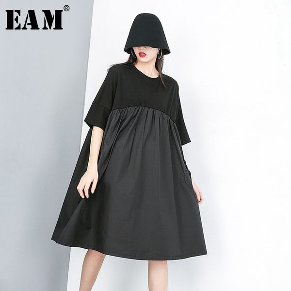 

eam] 2019 new spring summer round neck short sleeve black pleated split joint loose big size dress women fashion tide jt602, Black;gray