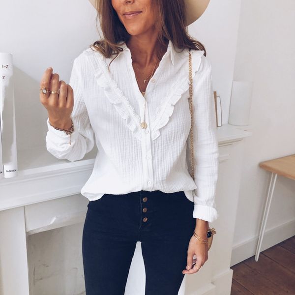 

sweet white shirt women long sleeve blouse lace woman long sleeve white solid elegant ruffle blouses in women blusa mujer #3